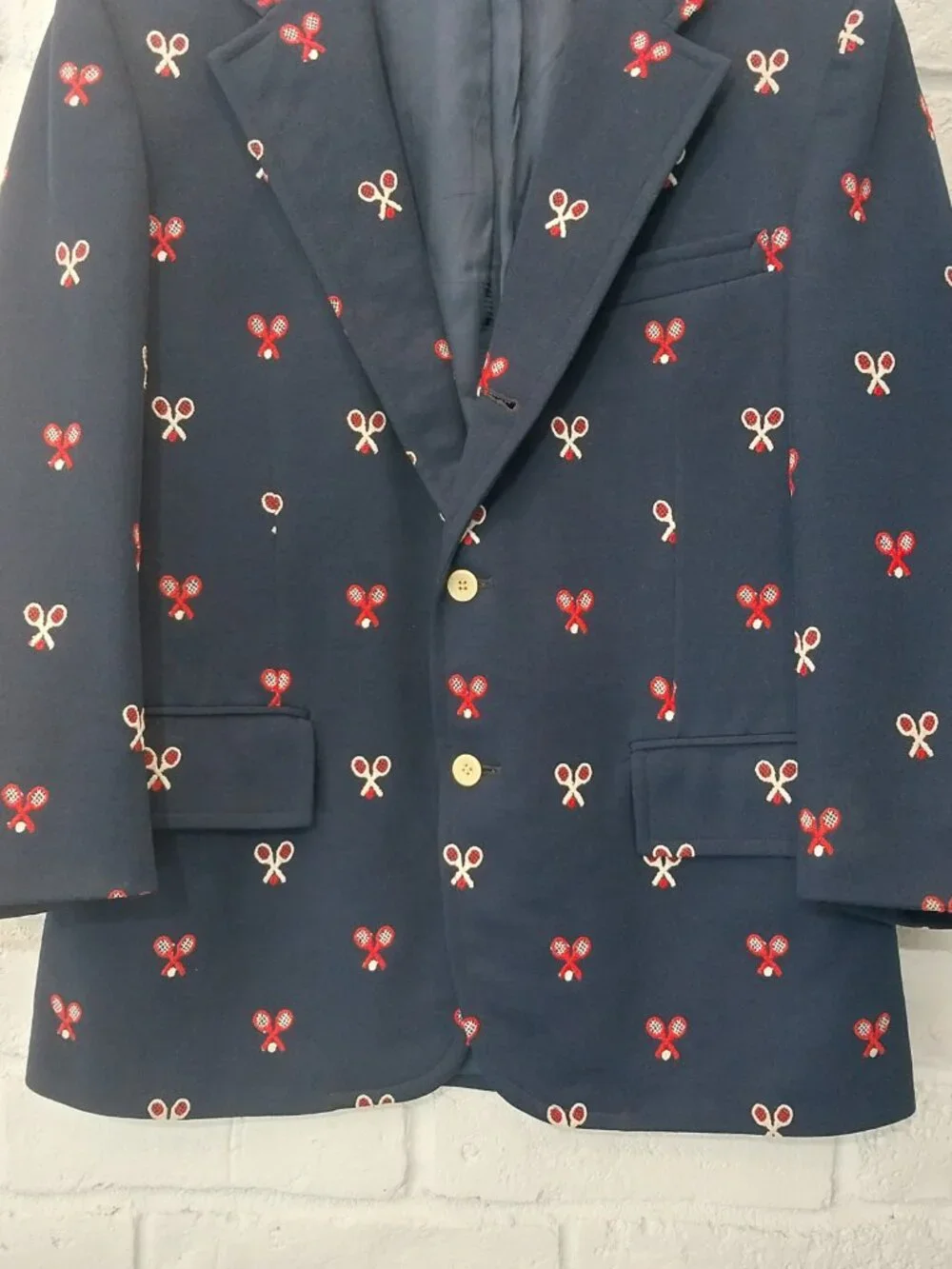 Vintage 80s IZOD Navy blue Blazer Mens 42 Sport Coat Tennis Racket Embroidery